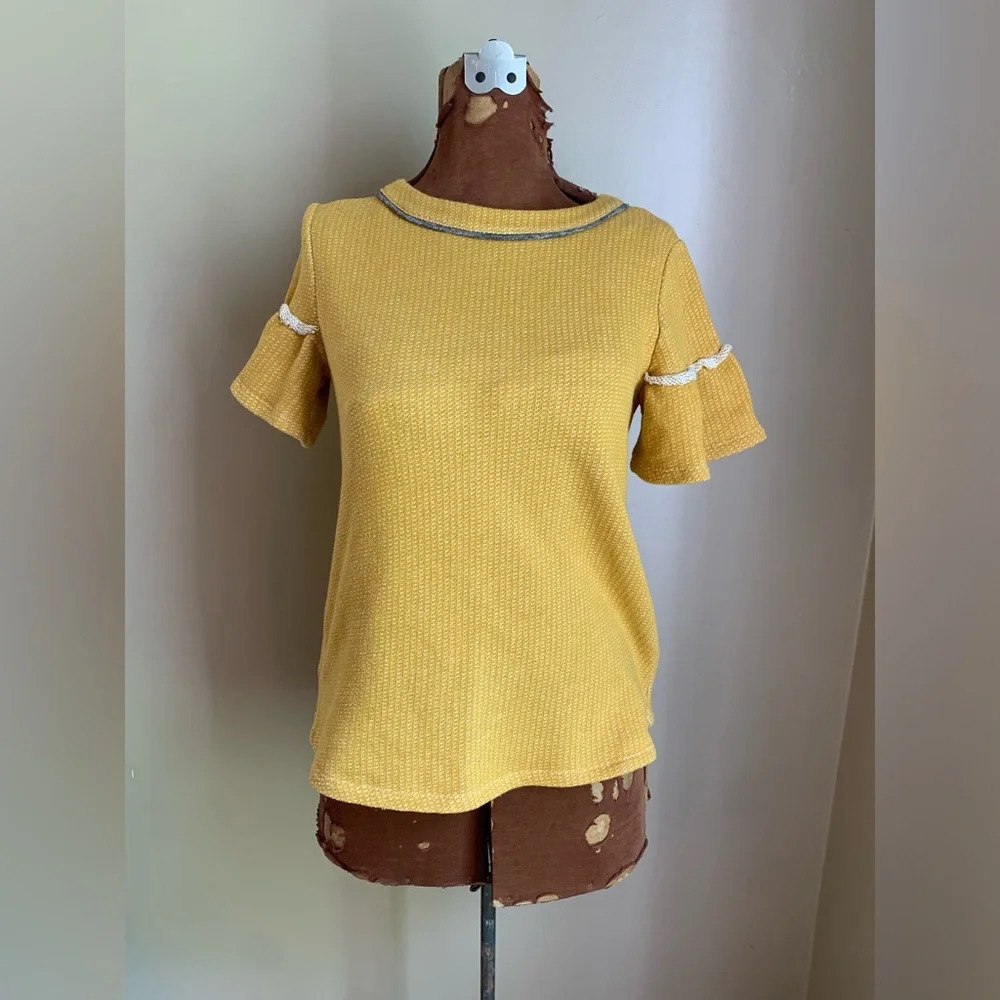 THML blouse, hippie boho top heavyweight fall mustard shirt top  thermal waffle